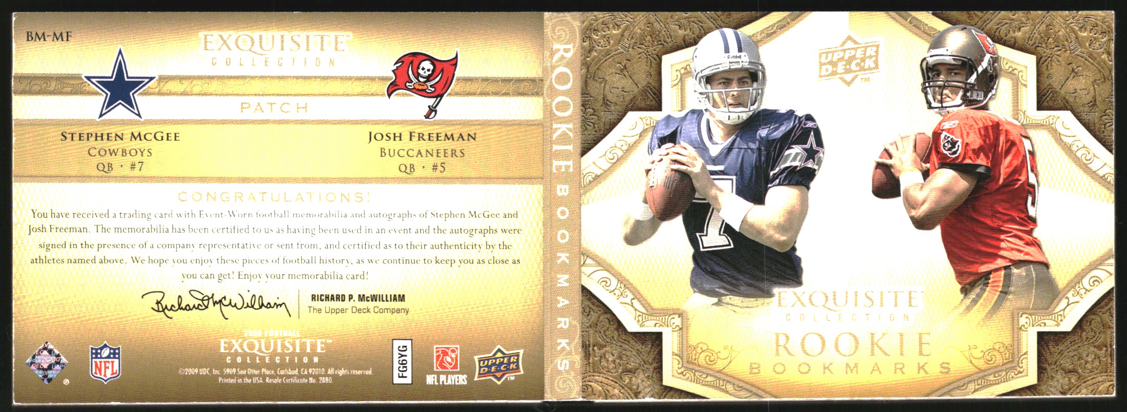 2009 Exquisite Collection Rookie Bookmark Patch Autographs #MF Josh Freeman/99/Stephen McGee