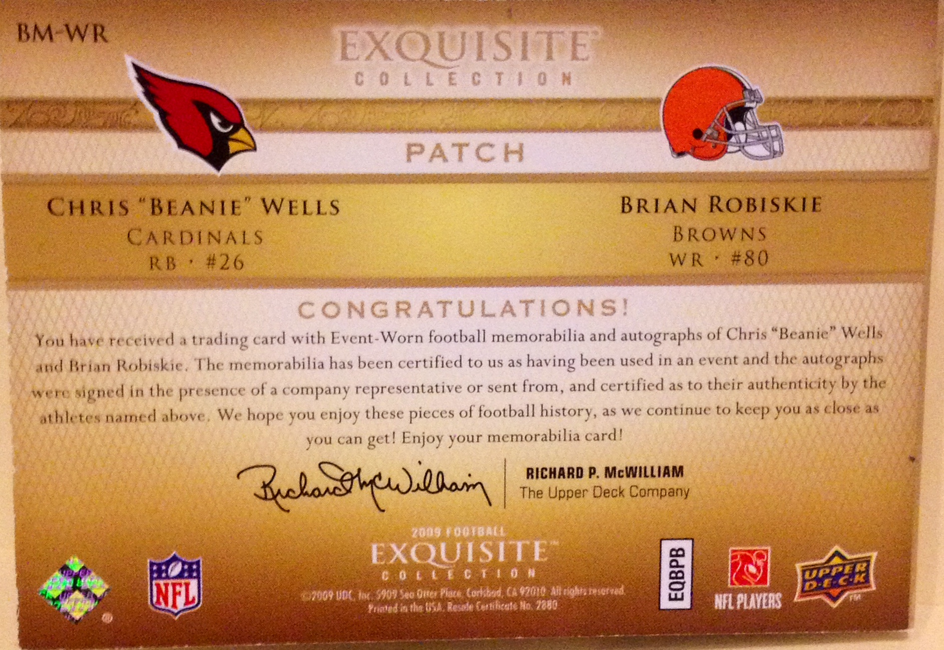 2009 Exquisite Collection Rookie Bookmark Patch Autographs #WR Brian Robiskie/99/Chris Wells back image