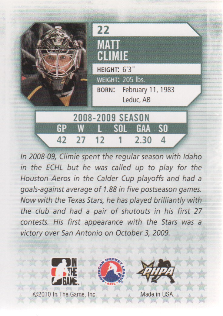 2009-10 Between The Pipes #22 Matt Climie back image