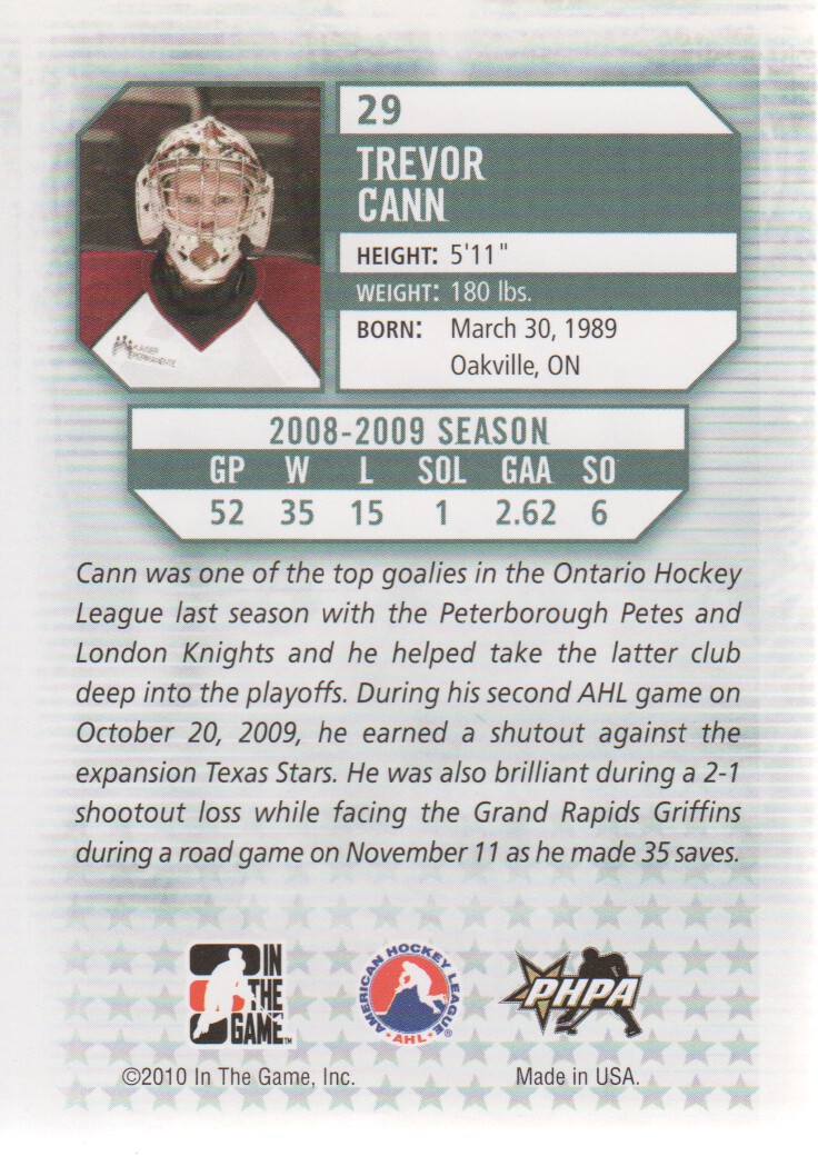 2009-10 Between The Pipes #29 Trevor Cann back image