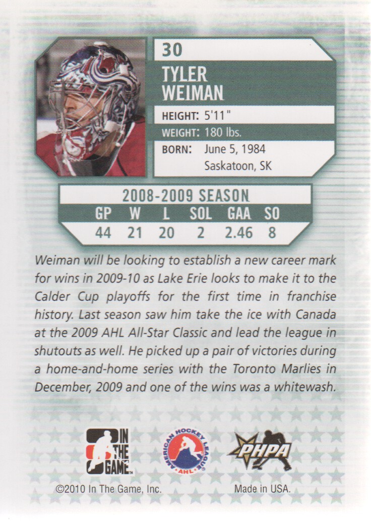 2009-10 Between The Pipes #30 Tyler Weiman back image
