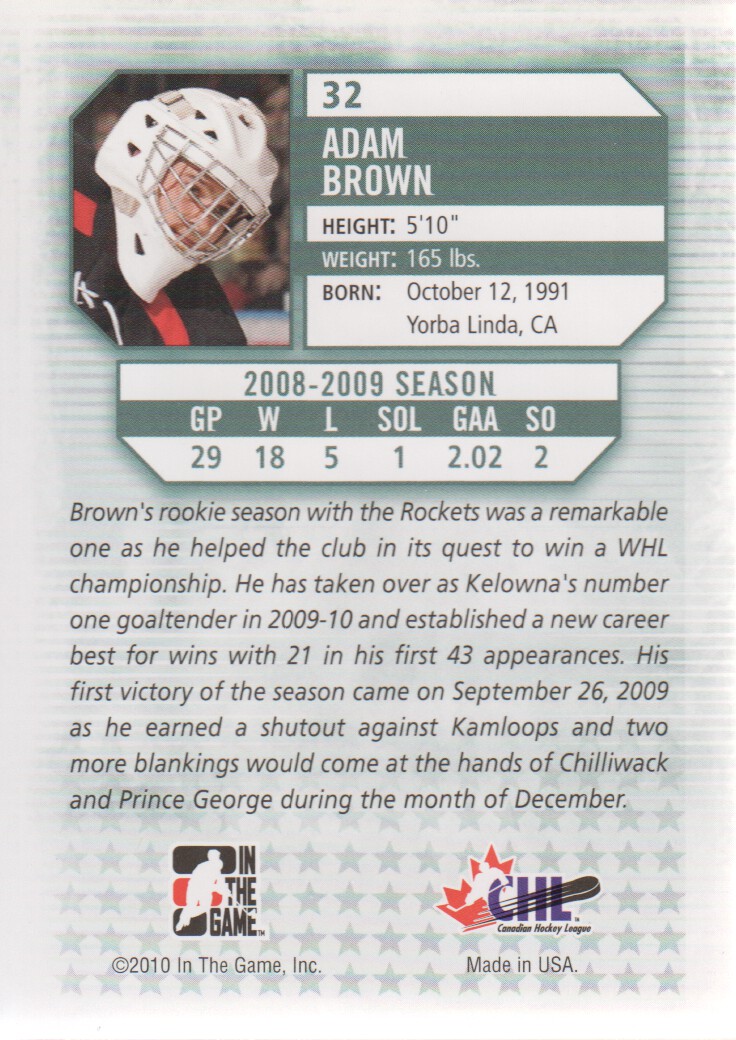 2009-10 Between The Pipes #32 Adam Brown back image