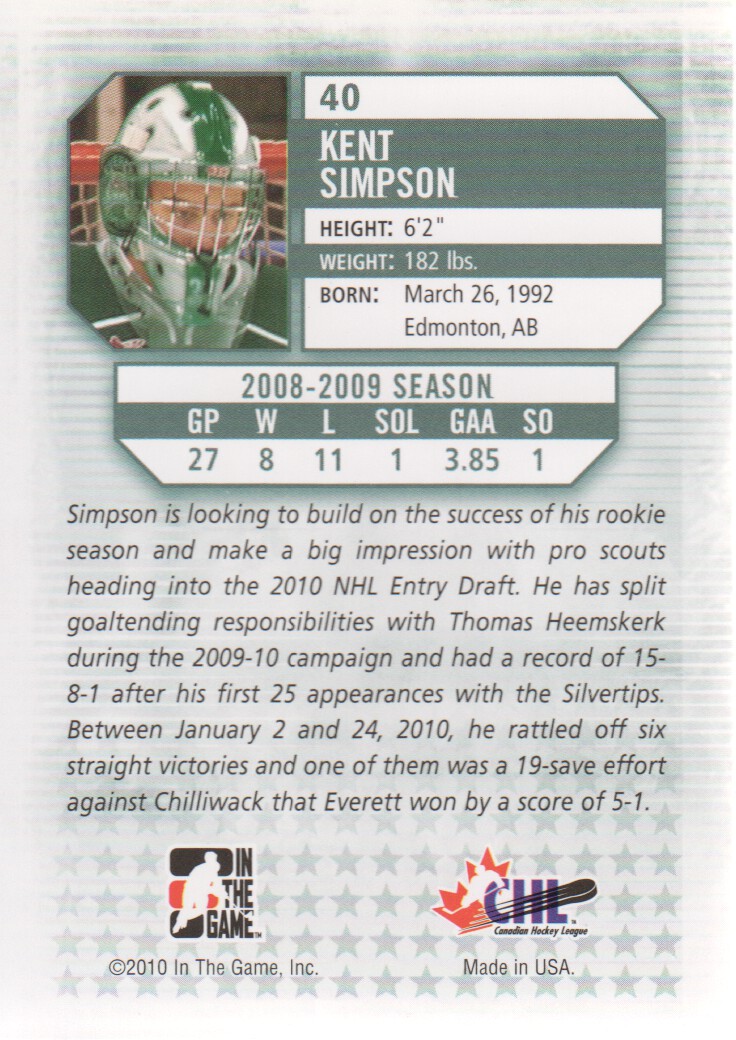 2009-10 Between The Pipes #40 Kent Simpson back image
