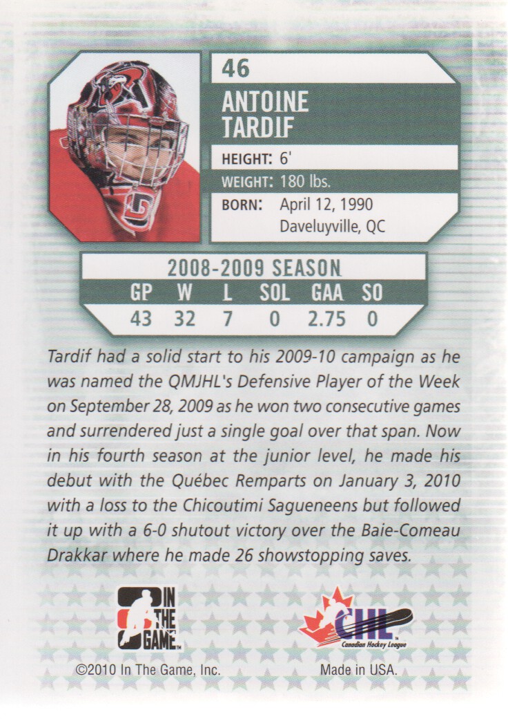 2009-10 Between The Pipes #46 Antoine Tardif back image