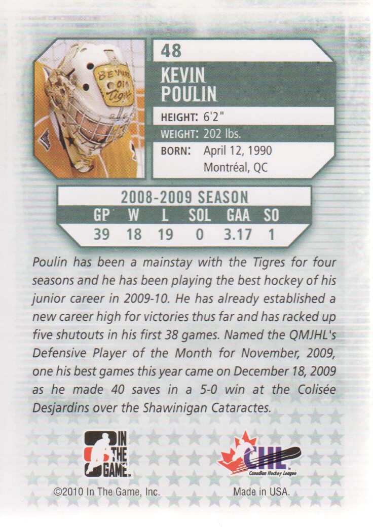 2009-10 Between The Pipes #48 Kevin Poulin back image