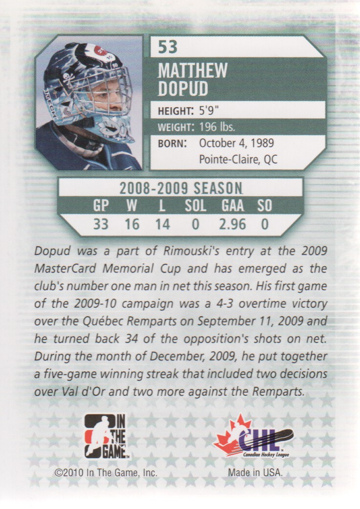 2009-10 Between The Pipes #53 Matthew Dopud back image