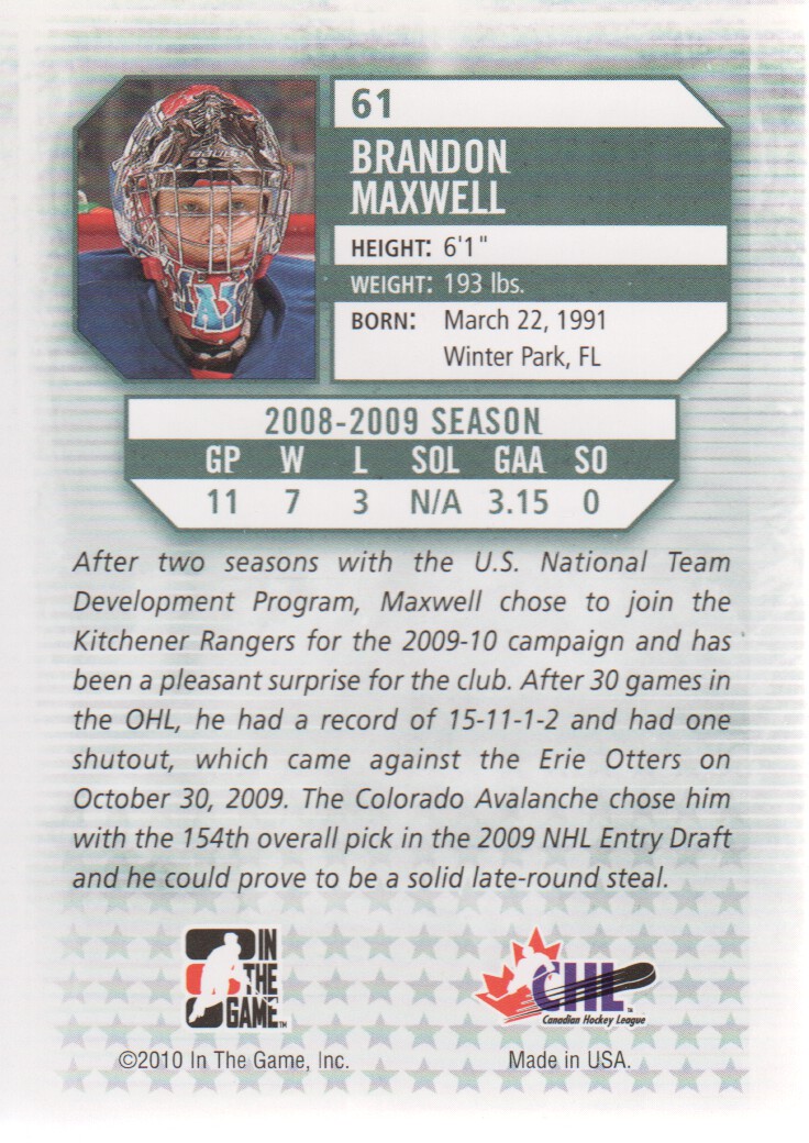 2009-10 Between The Pipes #61 Brandon Maxwell back image