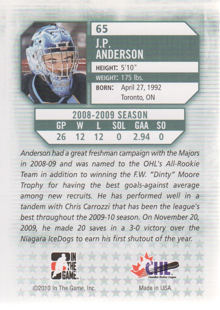 2009-10 Between The Pipes #65 J.P. Anderson back image