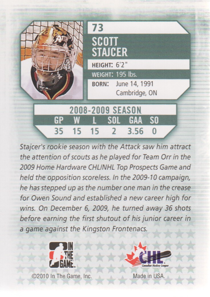 2009-10 Between The Pipes #73 Scott Stajcer back image