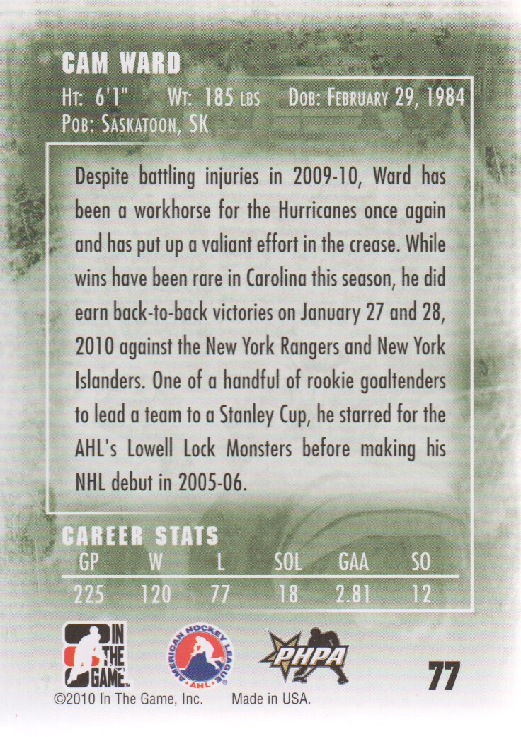 2009-10 Between The Pipes #77 Cam Ward back image
