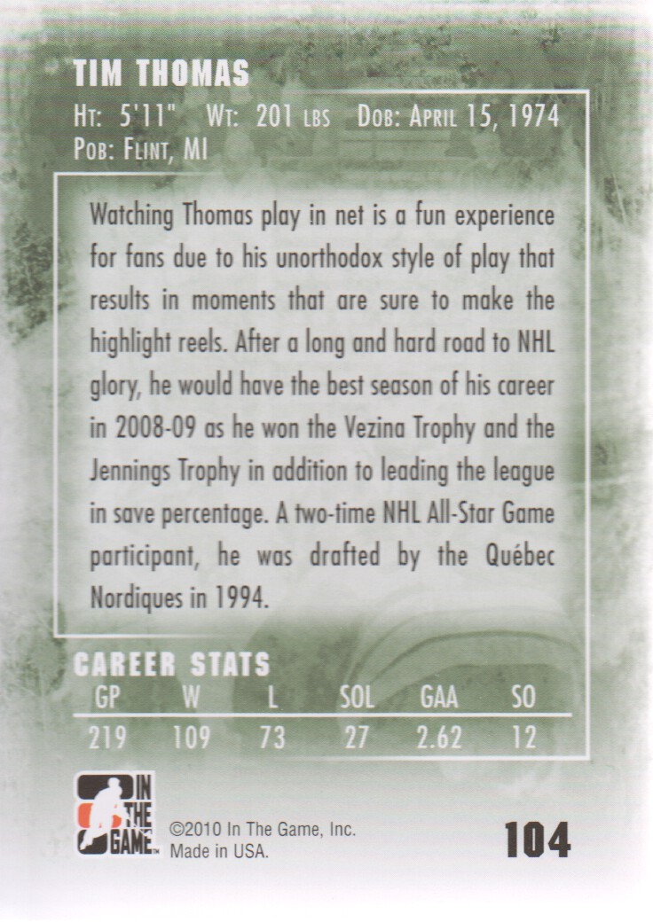 2009-10 Between The Pipes #104 Tim Thomas back image