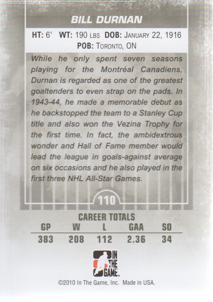 2009-10 Between The Pipes #110 Bill Durnan back image