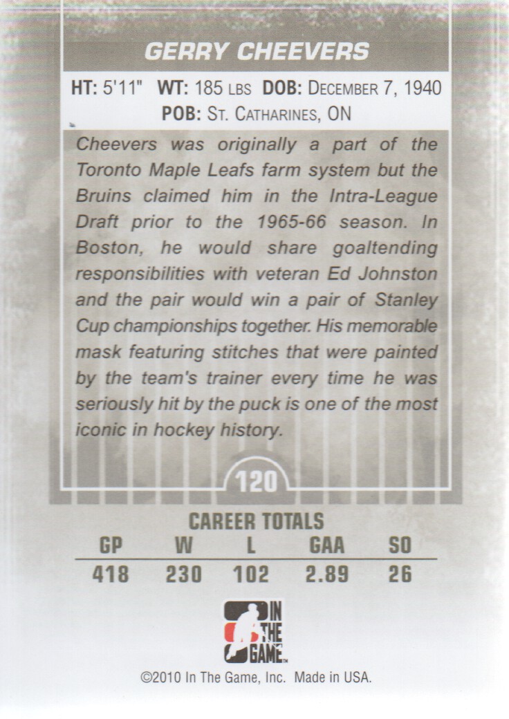 2009-10 Between The Pipes #120 Gerry Cheevers back image