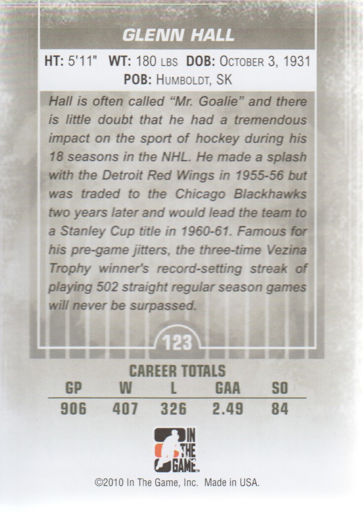 2009-10 Between The Pipes #123 Glenn Hall back image