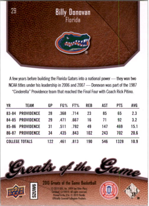 2009-10 Greats of the Game 50 #29 Billy Donovan back image