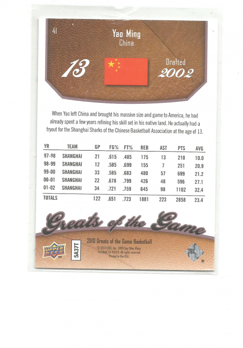 2009-10 Greats of the Game 50 #41 Yao Ming back image
