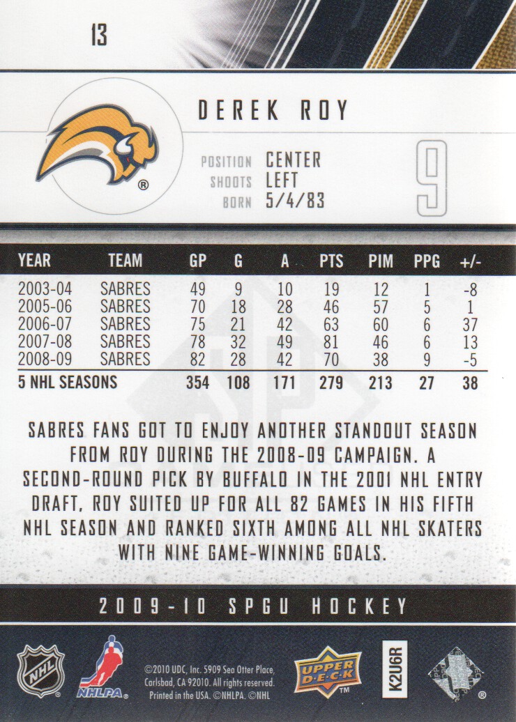 2009-10 SP Game Used #13 Derek Roy back image