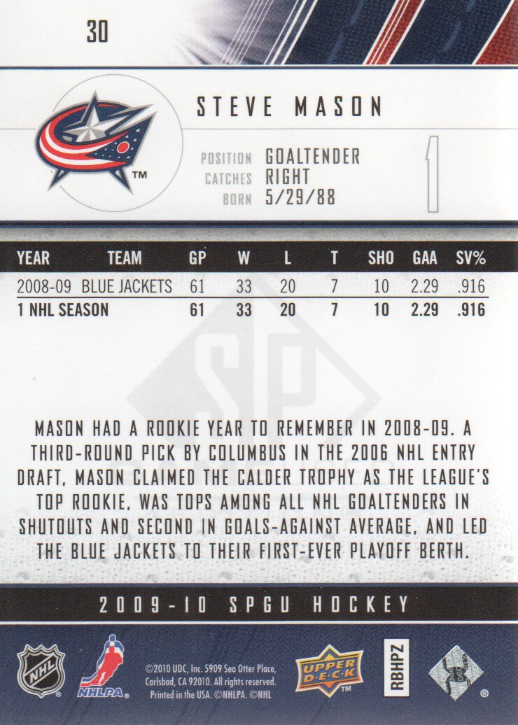 2009-10 SP Game Used #30 Steve Mason back image