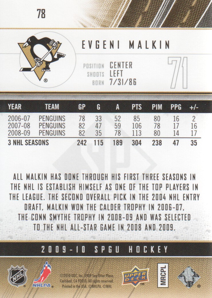 2009-10 SP Game Used #78 Evgeni Malkin back image