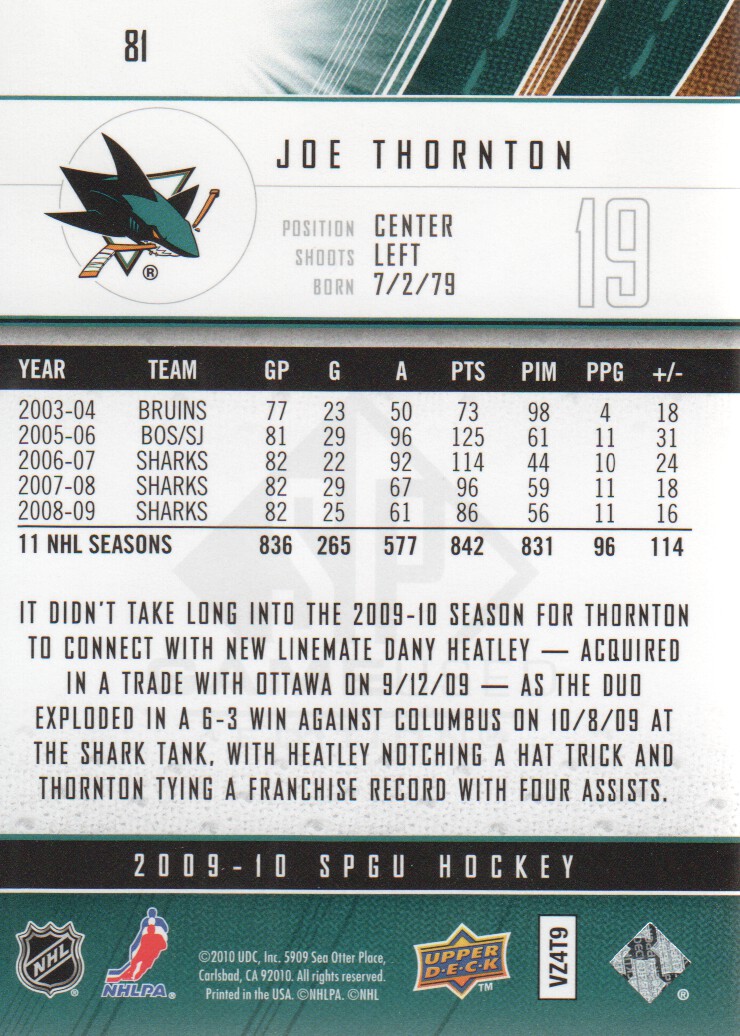 2009-10 SP Game Used #81 Joe Thornton back image