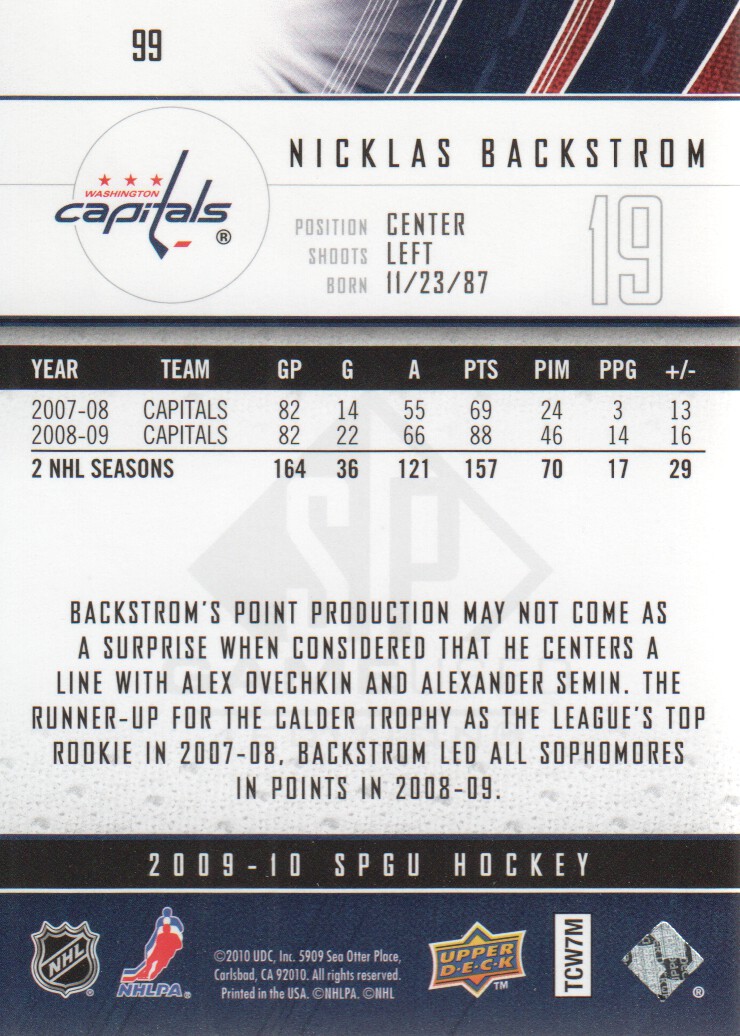 2009-10 SP Game Used #99 Nicklas Backstrom back image