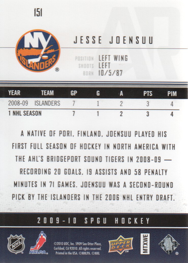 2009-10 SP Game Used #151 Jesse Joensuu RC back image