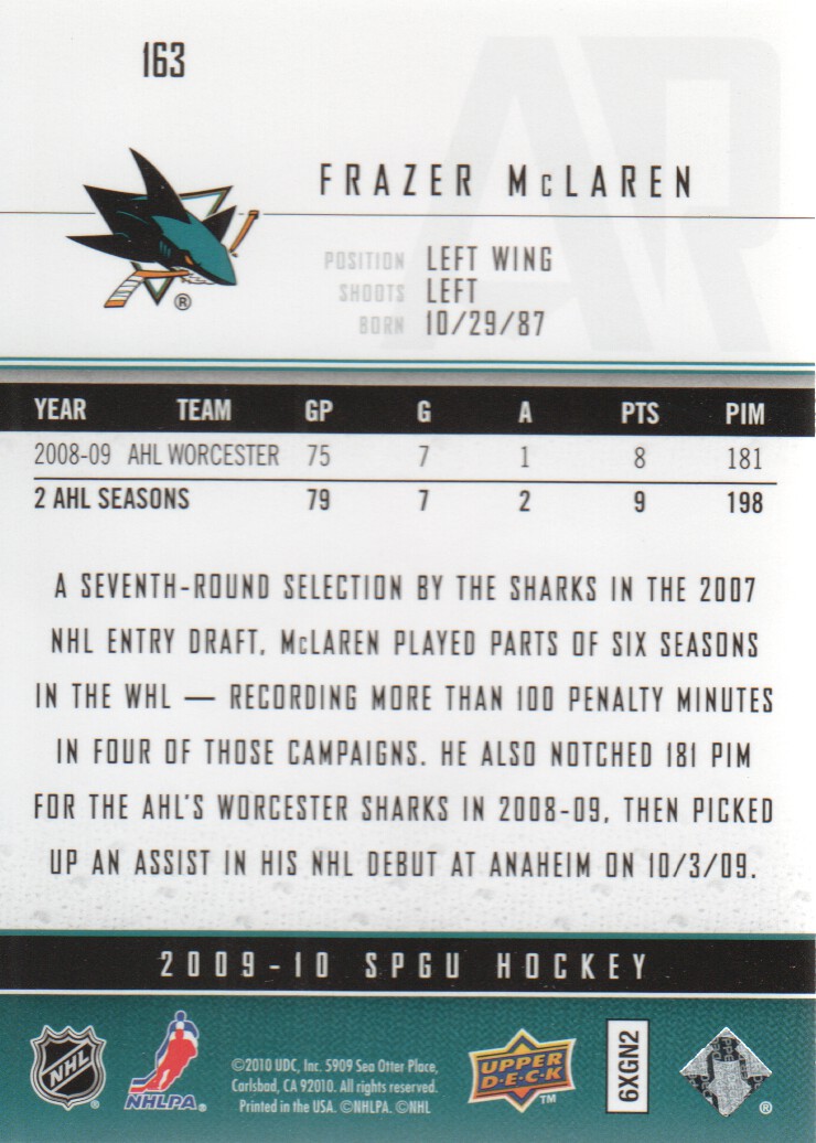 2009-10 SP Game Used #163 Frazer McLaren RC back image
