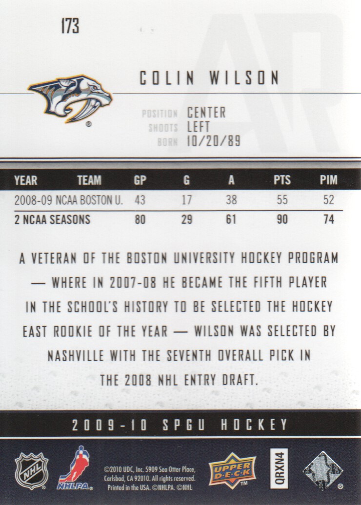 2009-10 SP Game Used #173 Colin Wilson RC back image
