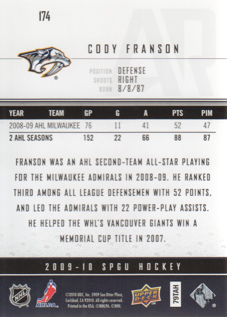2009-10 SP Game Used #174 Cody Franson RC back image