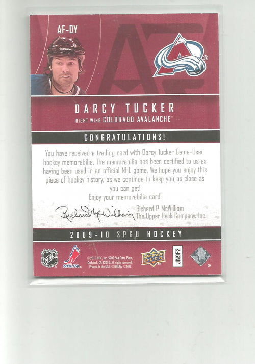 2009-10 SP Game Used Authentic Fabrics #AFDY Darcy Tucker back image