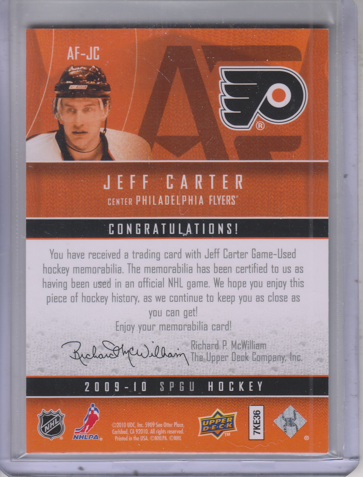 2009-10 SP Game Used Authentic Fabrics #AFJC Jeff Carter back image
