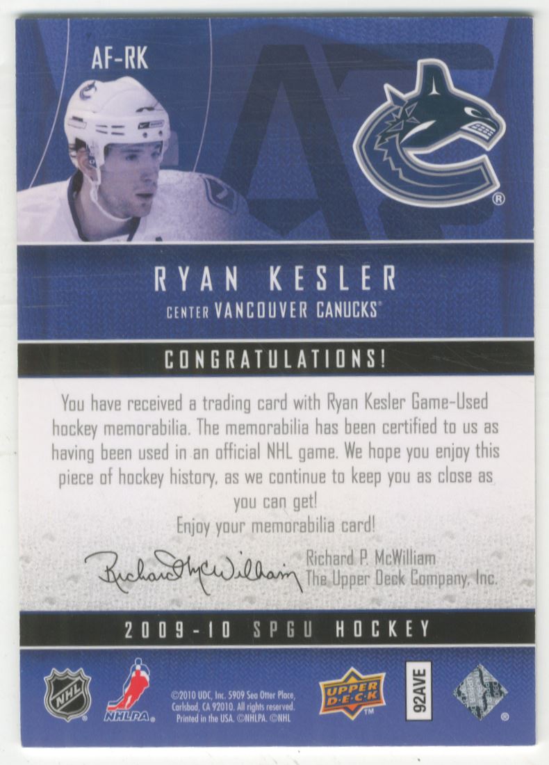 2009-10 SP Game Used Authentic Fabrics #AFRK Ryan Kesler