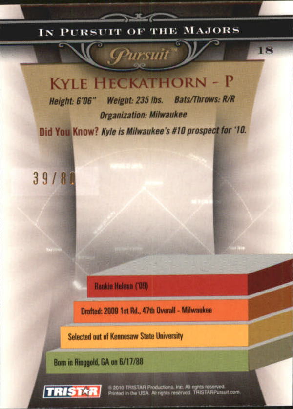 2010 TRISTAR Pursuit Autographs #18 Kyle Heckathorn back image