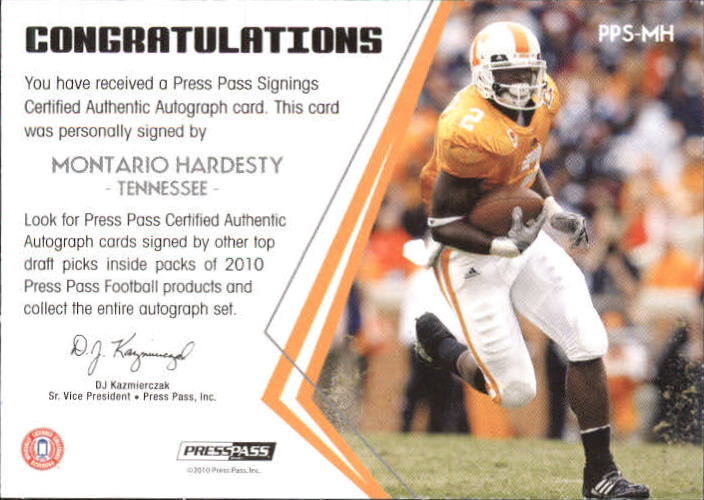 2010 Press Pass Autographs Silver Red Ink #PPSMH Montario Hardesty/10* back image