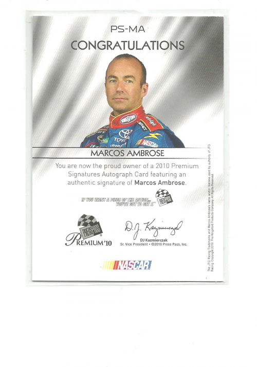 2010 Press Pass Premium Signatures #PSMA Marcos Ambrose back image