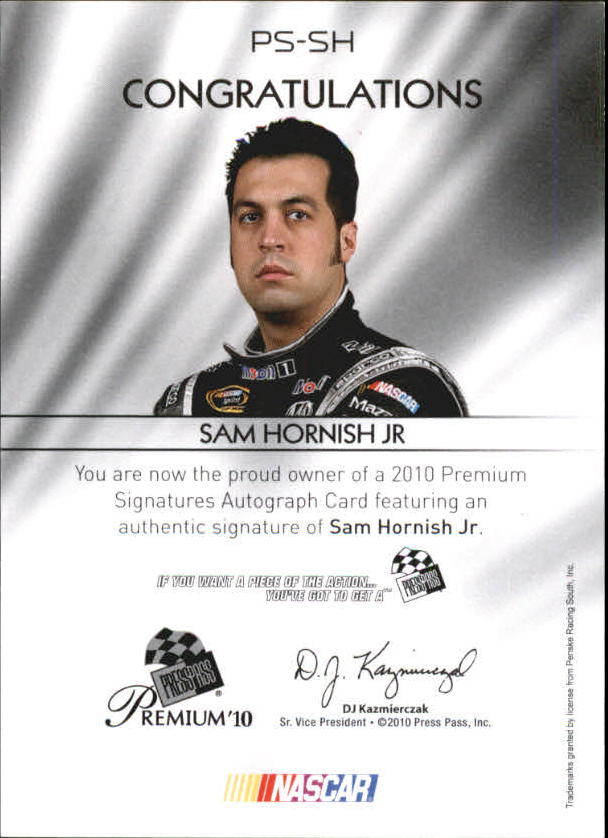 2010 Press Pass Premium Signatures Red Ink #PSSH Sam Hornish Jr./150 back image