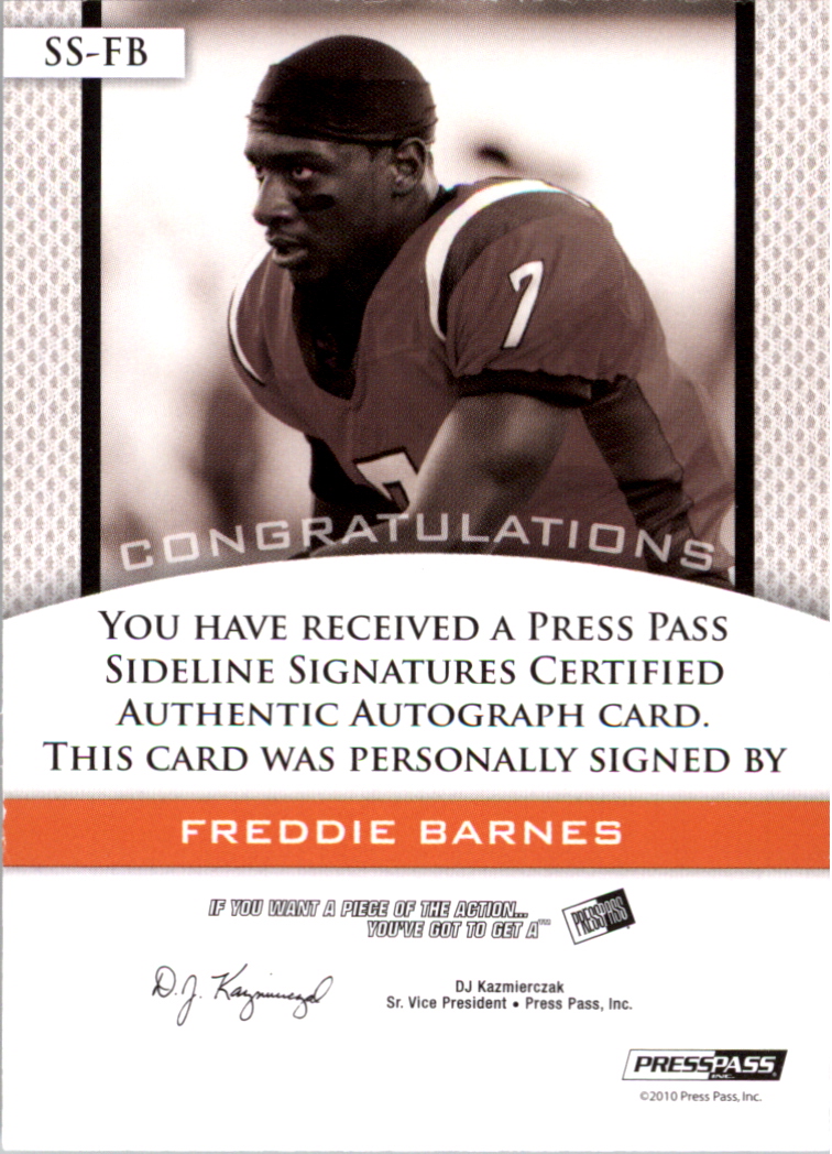 2010 Press Pass PE Sideline Signatures Gold #SSFB Freddie Barnes back image