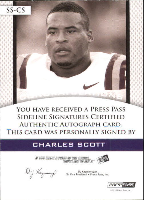 2010 Press Pass PE Sideline Signatures Gold #SSCS2 Charles Scott back image