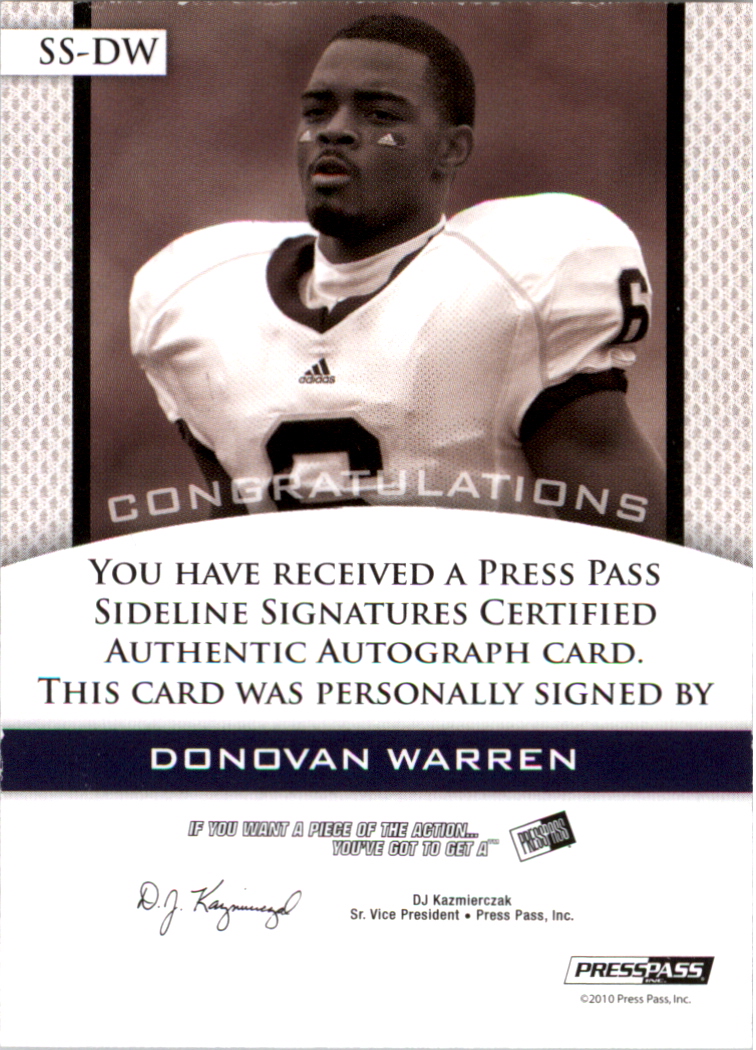 2010 Press Pass PE Sideline Signatures Gold #SSDW2 Donovan Warren back image