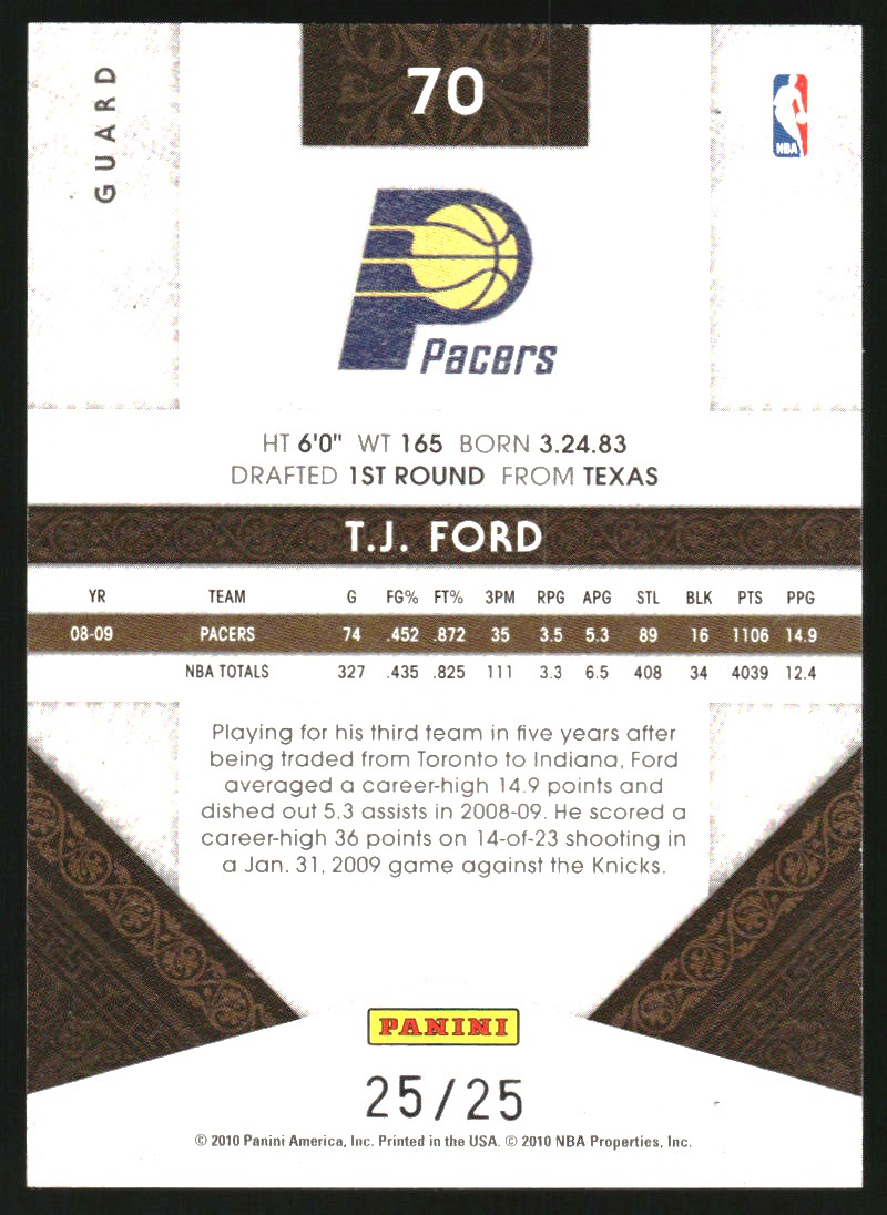 2009-10 Timeless Treasures Silver #70 T.J. Ford back image