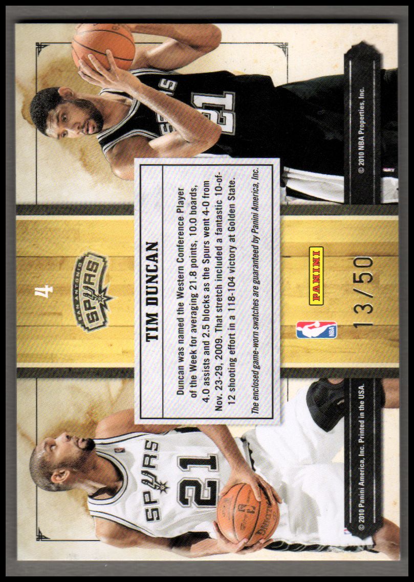 2009-10 Timeless Treasures Home and Road Gamers #4 Tim Duncan/50 back image