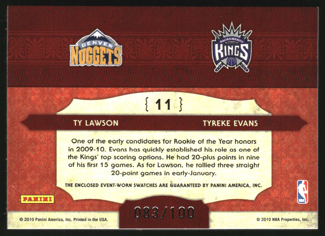 2009-10 Timeless Treasures NBA Apprentice Combo Materials #11 Ty Lawson/Tyreke Evans back image