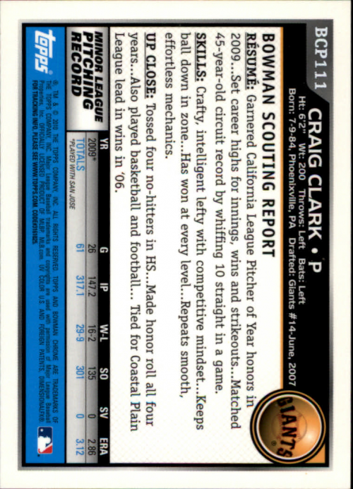 2010 Bowman Chrome Prospects #BCP111B Craig Clark AU back image