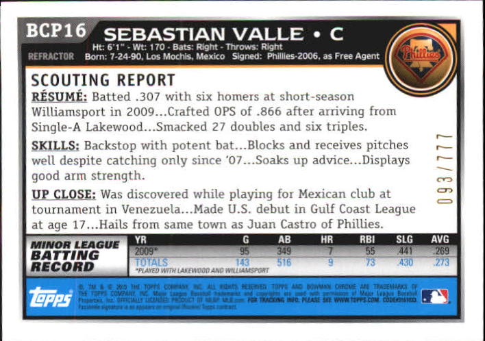 2010 Bowman Chrome Prospects Refractors #BCP16 Sebastian Valle back image