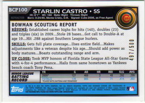 2010 Bowman Chrome Prospects Refractors #BCP100B Starlin Castro AU back image