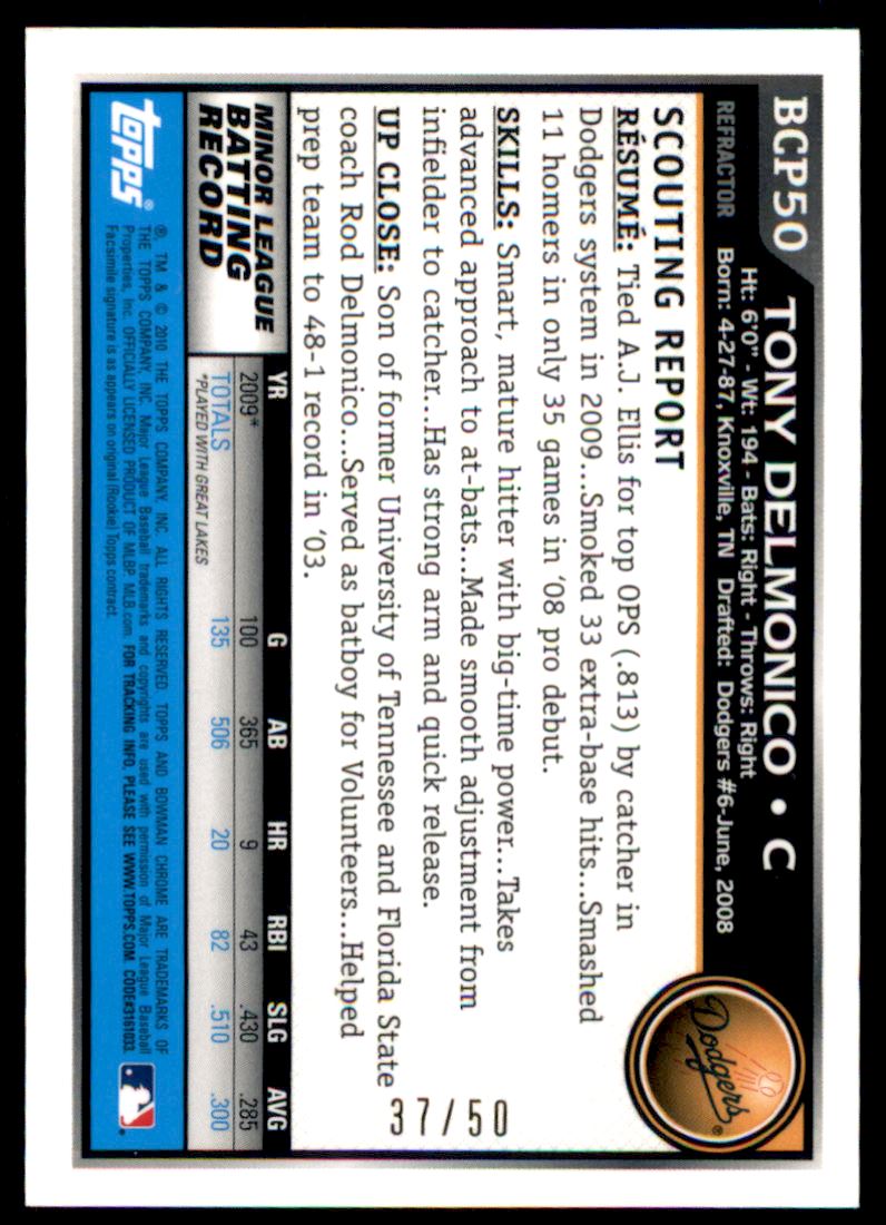 2010 Bowman Chrome Prospects Gold Refractors #BCP50 Tony Delmonico back image