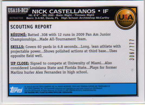 2010 Bowman Chrome 18U USA Baseball Refractors #18BC2 Nick Castellanos back image