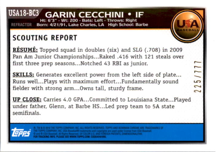 2010 Bowman Chrome 18U USA Baseball Refractors #18BC3 Garin Cecchini back image