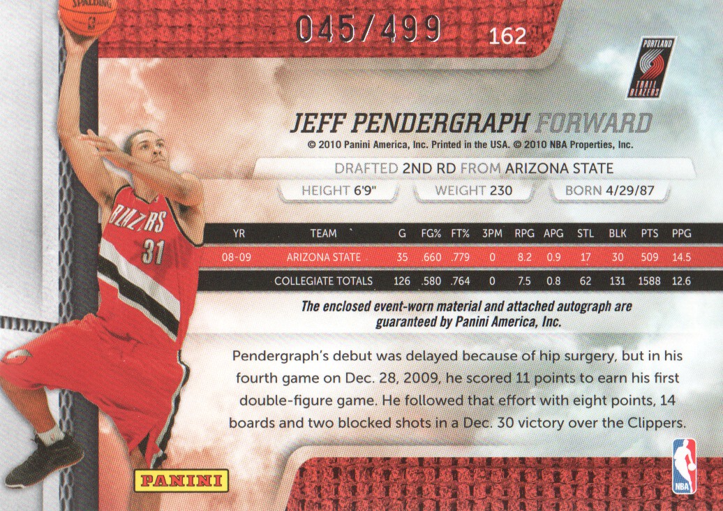 2009-10 Absolute Memorabilia #162 Jeff Pendergraph JSY AU/499 RC back image