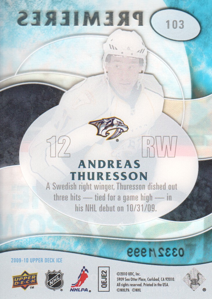 2009-10 Upper Deck Ice #103 Andreas Thuresson RC back image